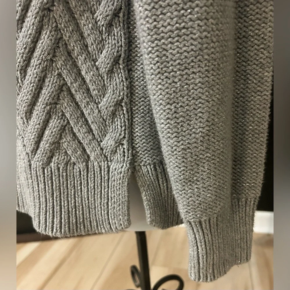 Chaps Gray sparkly Heavy Thick cable knit sweater women’s size large - Picture 7 of 9